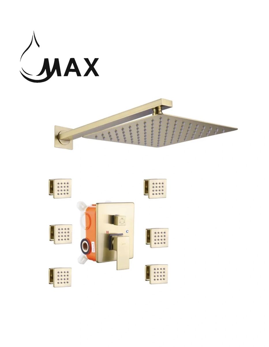 Wall Shower System Set Two Functions With 6 Body Jets Brushed Gold Finish